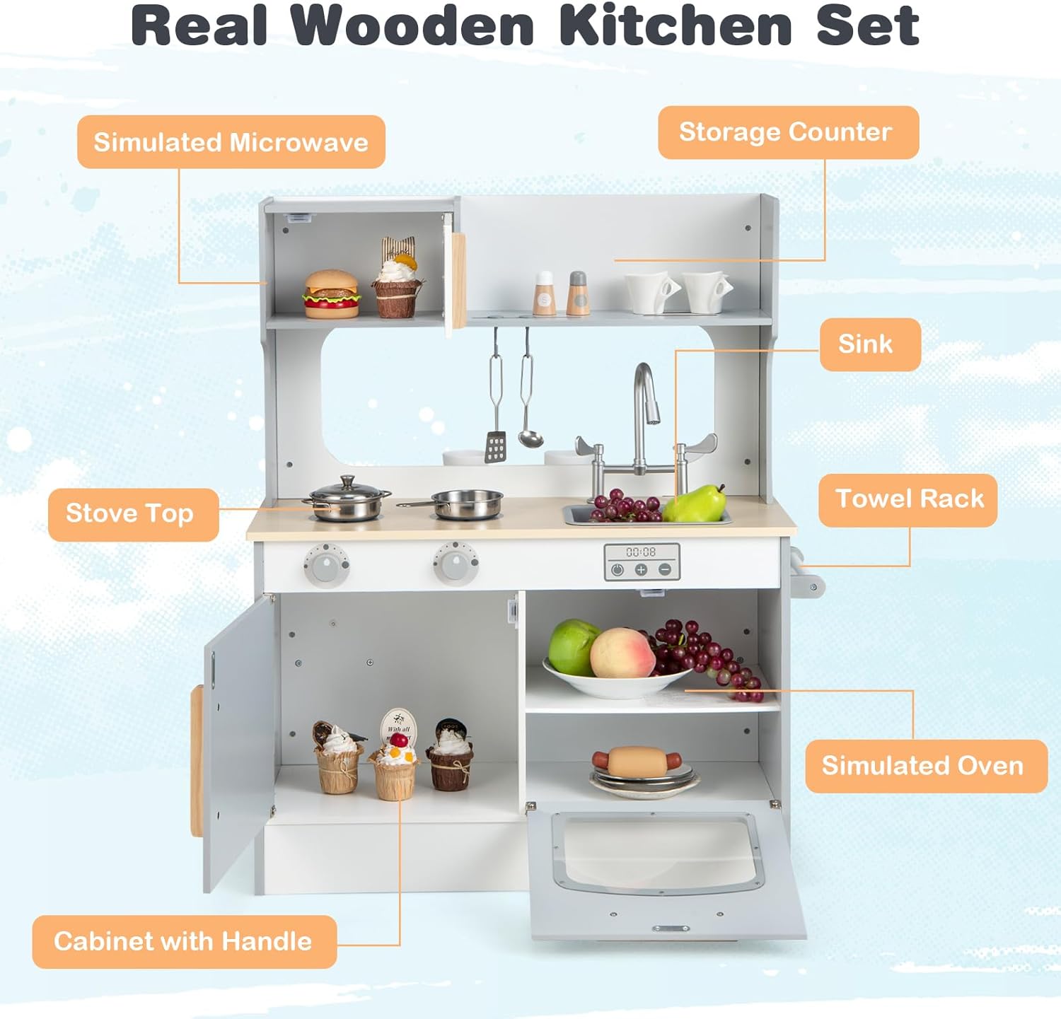HONEY JOY Kids Kitchen Playset, Double Side Little Chef Play Kitchen for Toddler & Restaurant, Cookware, Microwave, Sink, Storage Cabinet, Wooden Pretend Play Toy Kitchen Set, Gift for Boy Girl, Gray