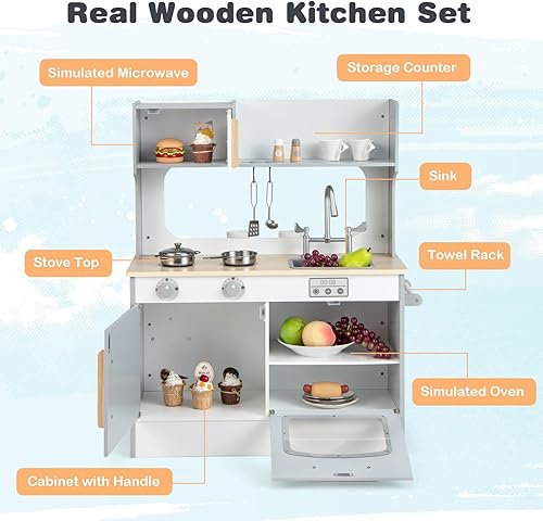 Miniatura 3 de HONEY JOY Juego de cocina para niños, cocina de doble cara para niños pequeños y restaurantes, utensilios de cocina, microondas, fregadero, gabinete