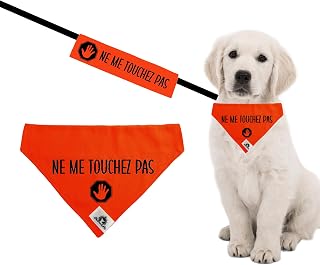 Kit Manchon de laisse et Foulard Bandana pour chien réactif NE ME TOUCHEZ PAS se glisse sur le collier 3 grandeurs disponibles (Kit MOYEN foulard et manchon)