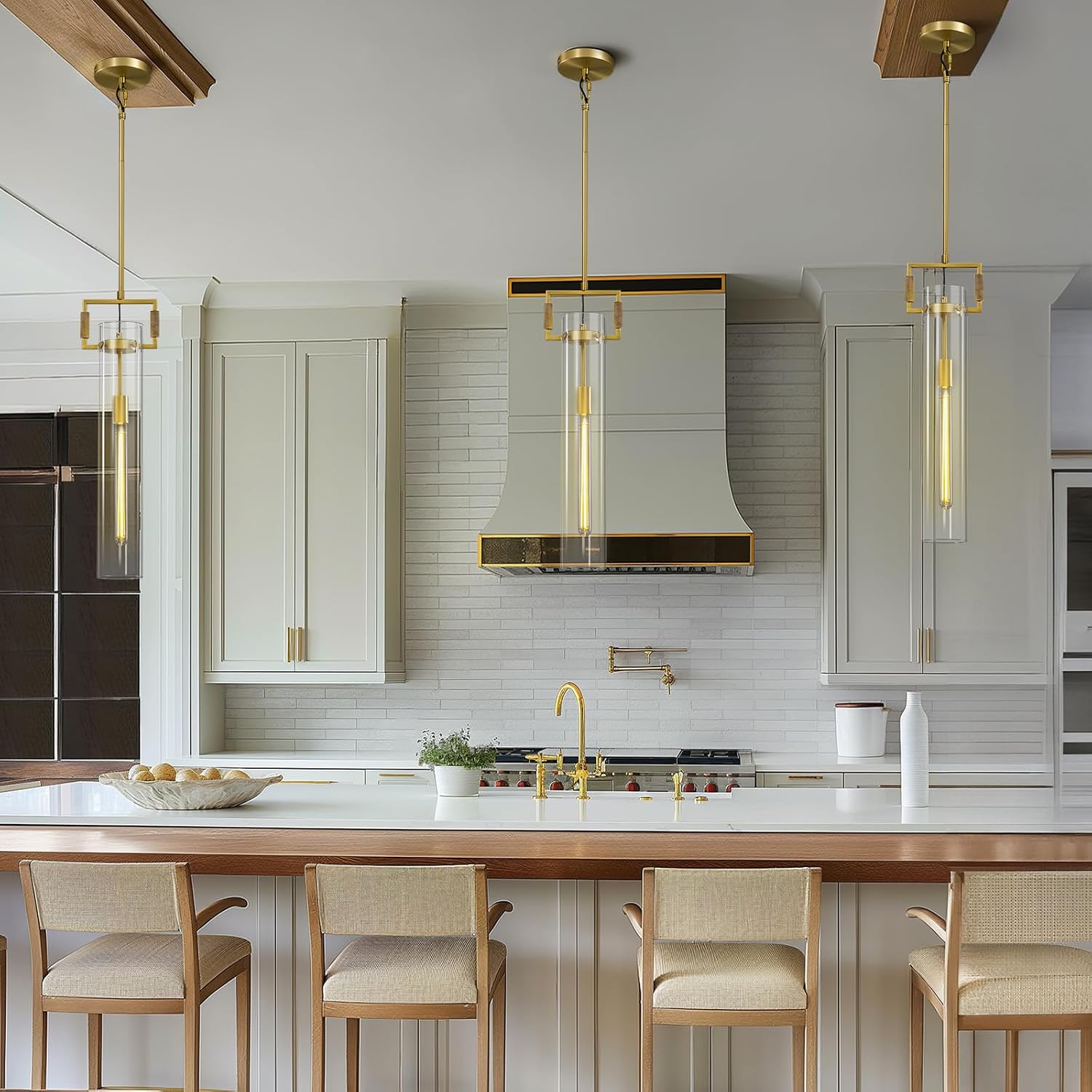 Modern Gold Pendant Light, Pendant Lights Kitchen Island Large, Adjustable Height Brass Pendant Light Glass Pendant Light Fixtures, for Dinning Room Farmhouse Bedroom Bathroom