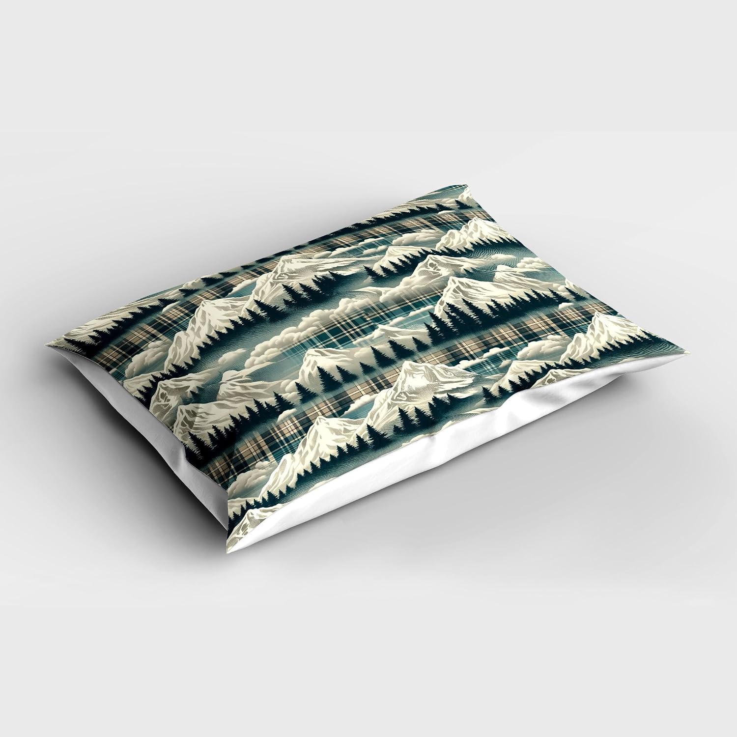 Ambesonne Christmas Pillow Sham Set of 2, Snowy Mountain Range Art with Foggy Pine Trees on Greenish Plaid Back, Quality Microfiber Bedding Item for All Seasons, 36" x 20", Off White Teal Sepia image 2