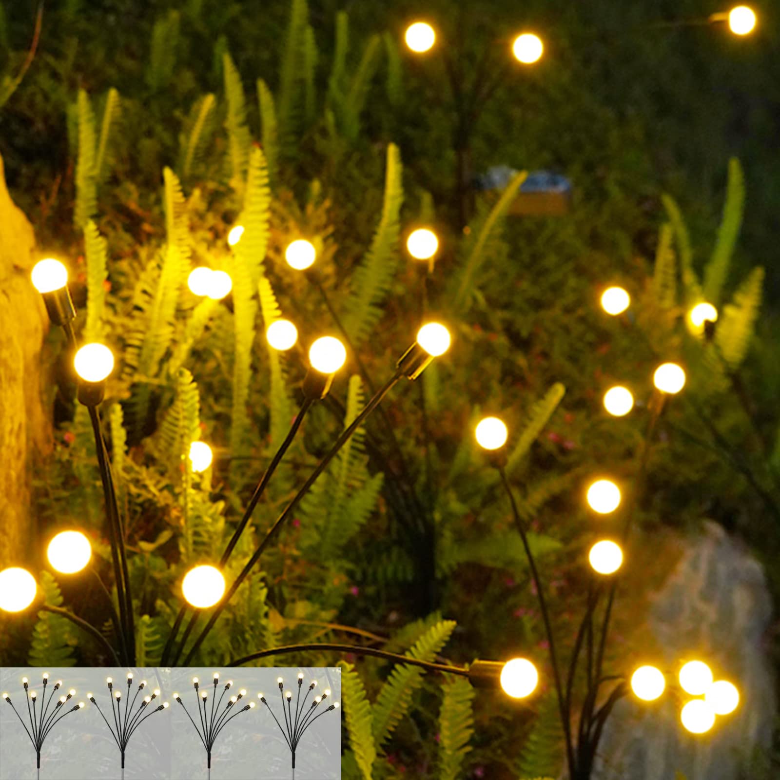 Solar Garden Lights, 4 Pack Upgraded 8 LED Solar Powered Firefly Lights, Solar Outdoor Decorative Lights, Starburst Flexible Swaying Waterproof Garden Lights for Yard Patio Pathway Fence, Warm White-image-21