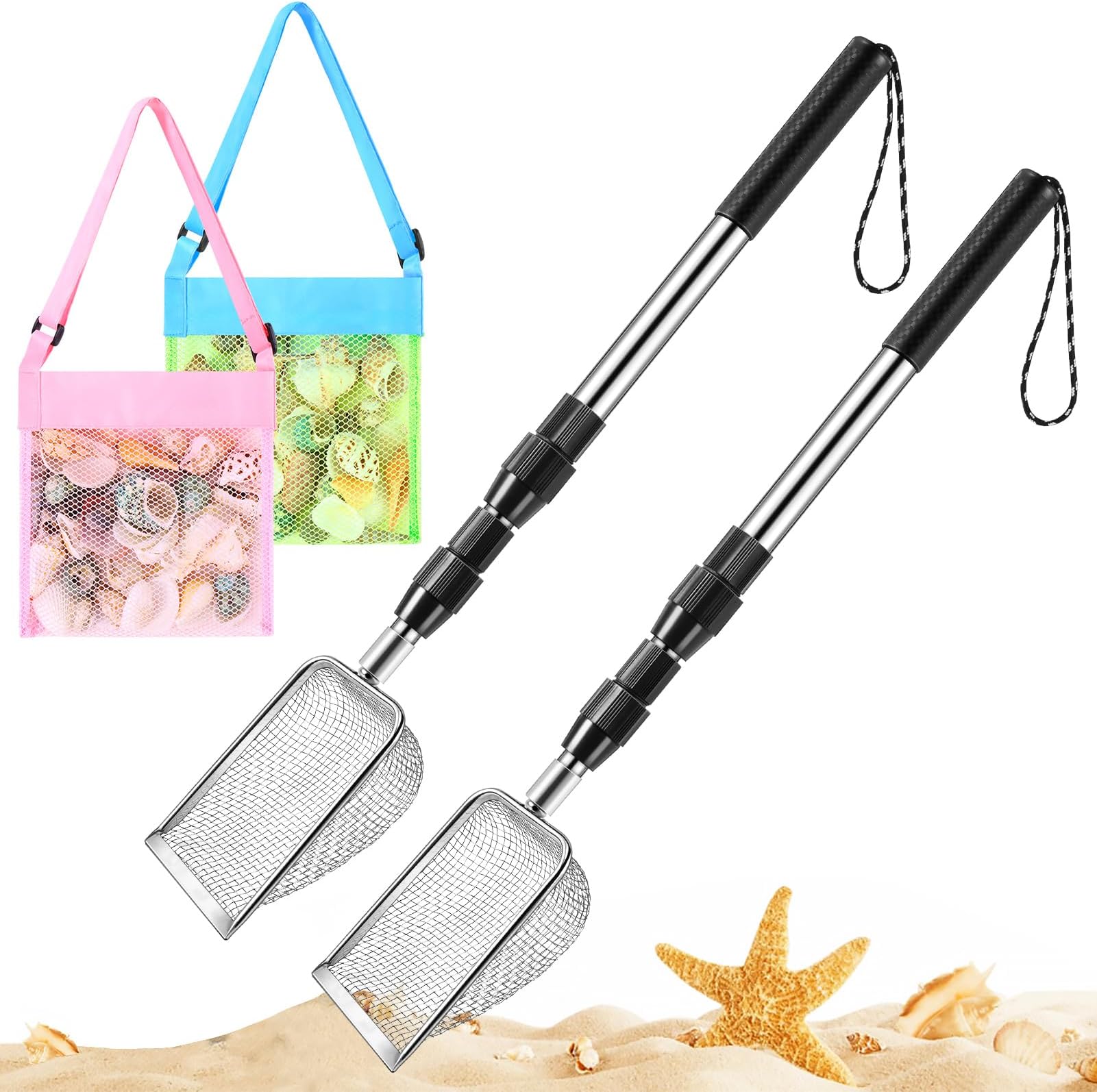 POILKMNI New Upgraded 2 Pcs Shark Tooth Sifter with Seashell Bags, Beach Sand Sifter, Sand Scoop Shell Scooper for Beach Scoop Shovel Sifter Tool for Picking Up Shells, Shark Tooth Sifter Dipper