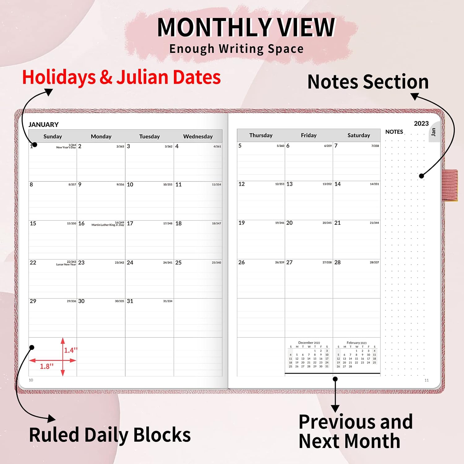 SUNEE 2023 Weekly Appointment Book & Hourly Schedule Planner, Jan - Dec 2023 Weekly Planner 6.5" x 8.5", Vertical Time Slots, Inner Pocket, Bonus Expense & Note Pages, Stickers, Medium Size, Rose Gold