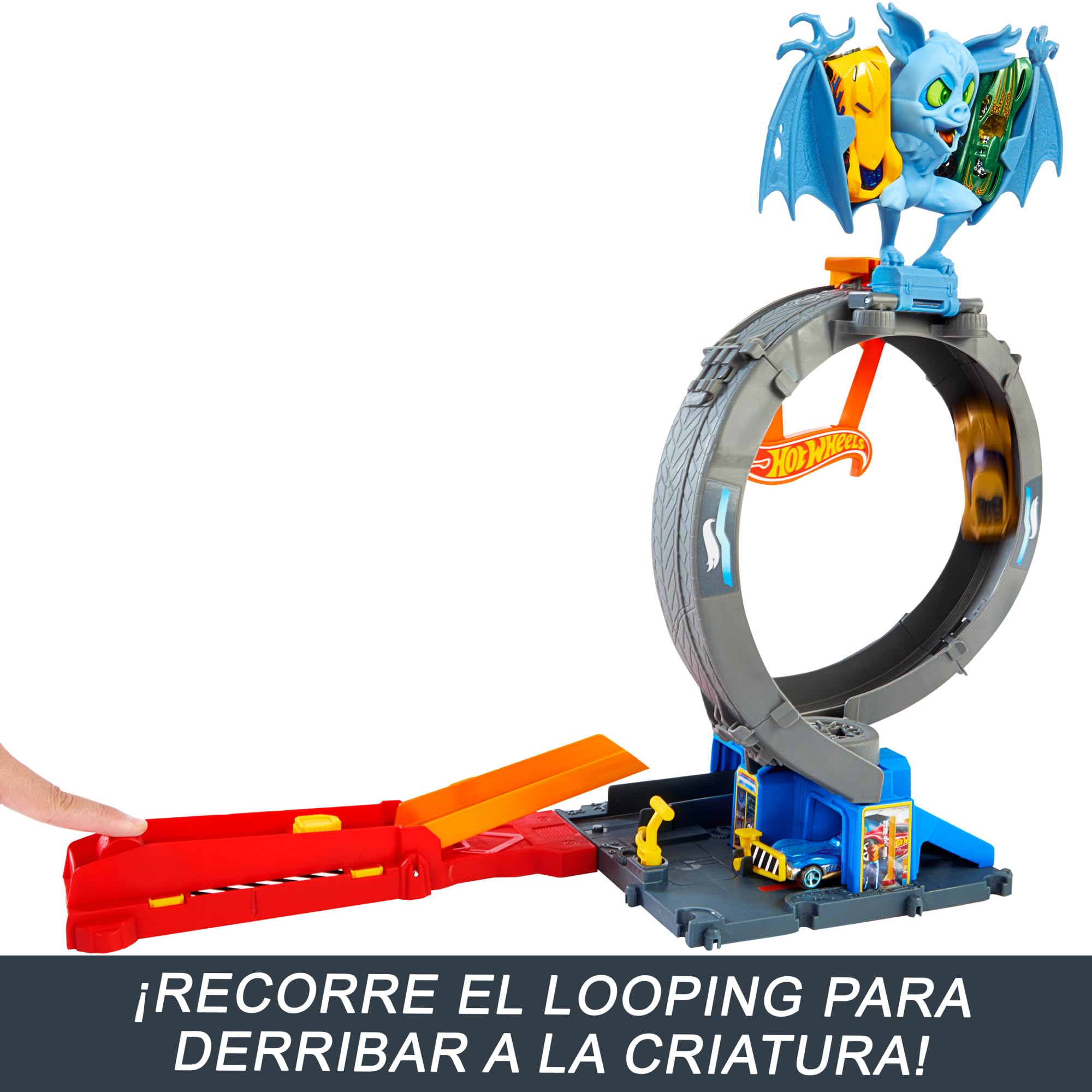 Hot Wheels City “Let's Race - ¡a Correr!” Netflix - Ataque del murciélago Tienda de neumáticos Pista para Coches de Juguete con Lanzador y looping Ajustable, Incluye 1 vehículo, +4 años (HTN78)