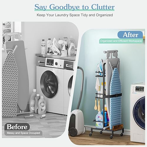 Miniatura 9 de Soporte para tabla de planchar, soporte para plancha y tabla de planchar sin montaje en la pared, carrito de organización y almacenamiento de