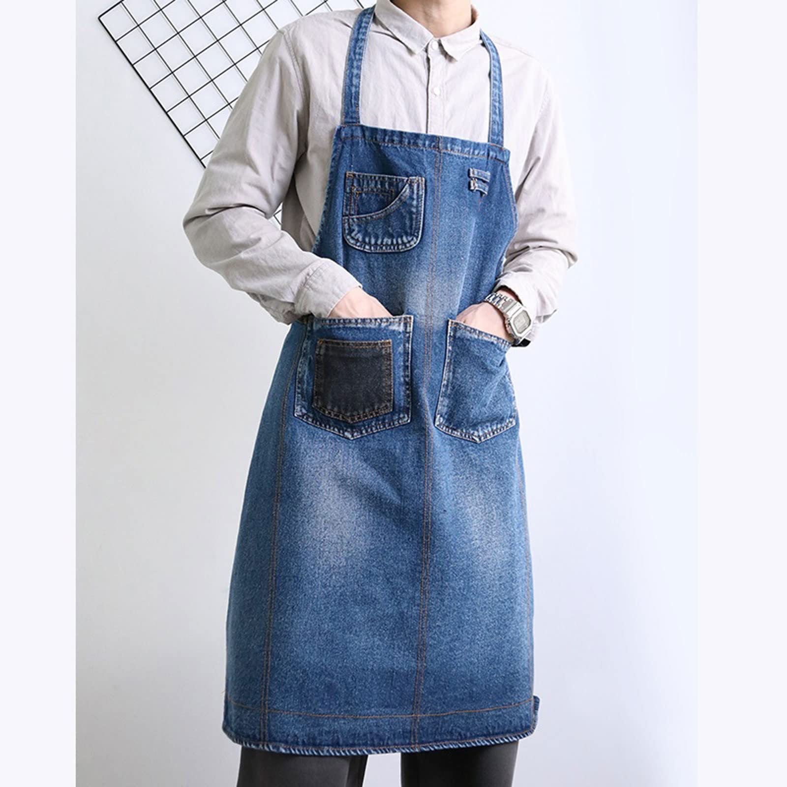 Tablier en denim délavé pour barista, travail, salon de thé, restaurant, serveur, vêtements de travail, pâtisserie, nail art, barbier (bleu), bleu, taille unique