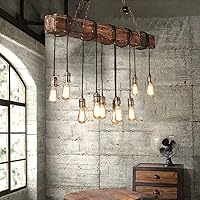 iMeshbean Rustic Farmhouse Wood Beam Chandelier - 10-Light Industrial Pendant for Kitchen Island, Dining Room, Bar (44" Wide)