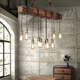 Rustic Chandelier Farmhouse Wood Beam Hanging Industrial Pendant Lighting Vintage Ceiling Light Fixture 10 Heads for Dining Table Kitchen Island Bar Coffee Billiard Pool Table (10 Lights)