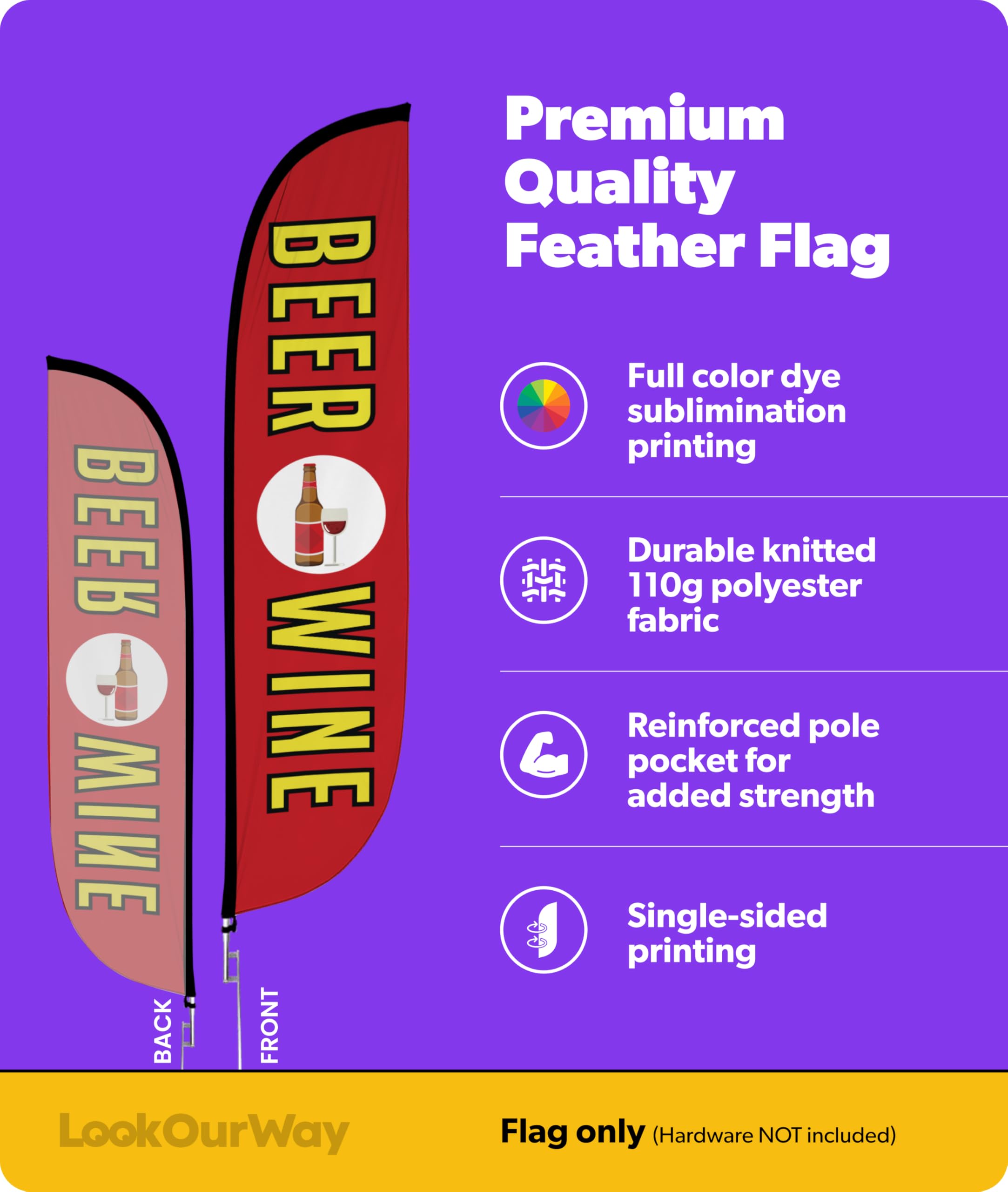 LookOurWay Federflagge, 3,6 m hoch, Werbeflagge, Banner für Geschäfts- und Veranstaltungsförderung, nur Flagge, Lebensmittel- und Restaurantthema, Bier & Wein (10M1200153)