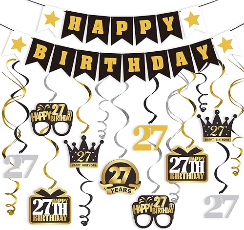 Miniatura 435 de LINGTEER Happy 65th Birthday Decorations Set - 12Pcs Black & Gold Swirls Streamer,Happy Birthday Bunting Banner,Cheers to 65 Years Old Bday Party