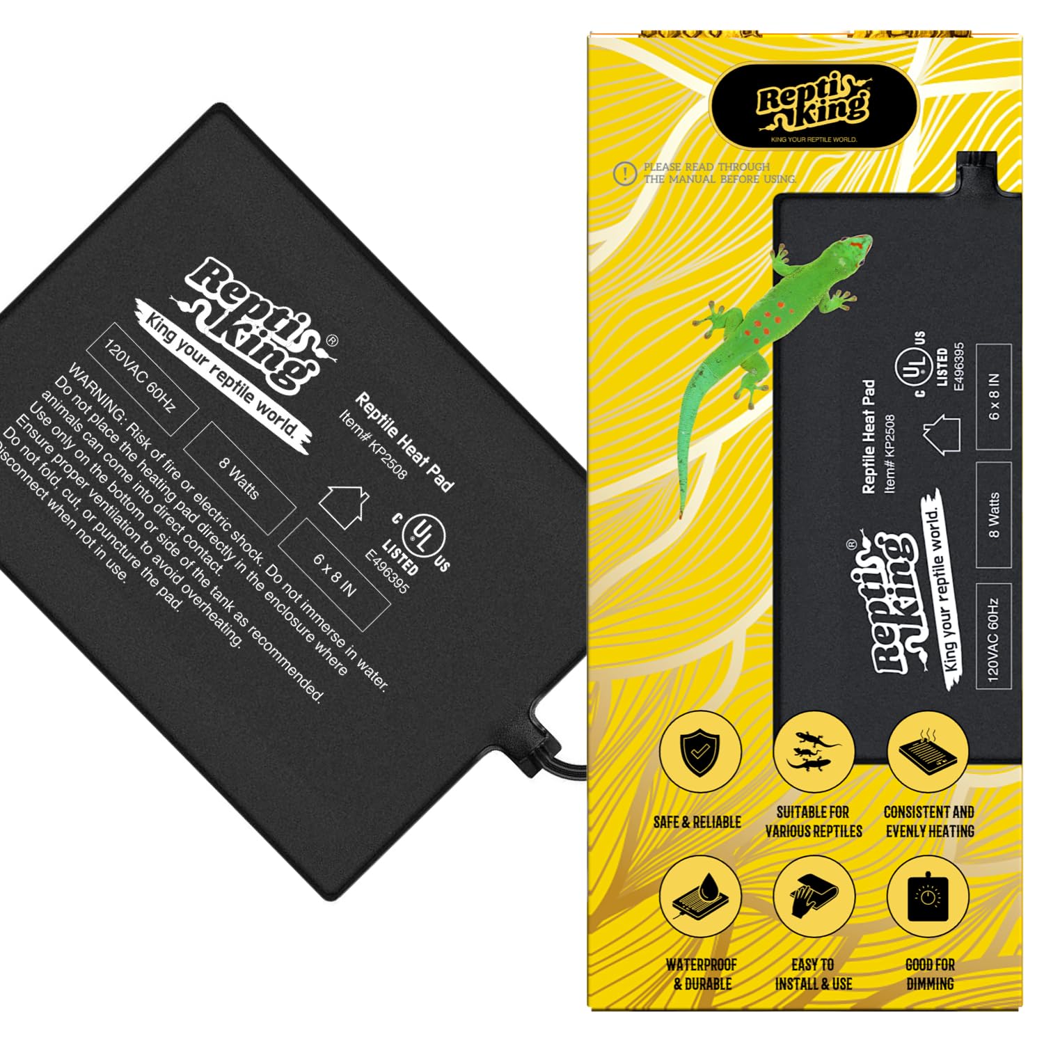 Reptile Heat Pad, 6" X 8" 8W, Heating Pad for Reptile Tank, Lizard, Snake, Bearded Dragon, Hermit Crab, Leopard Geckos Terrarium Heating Mat, Safe & Durable Heat Pad for Reptiles