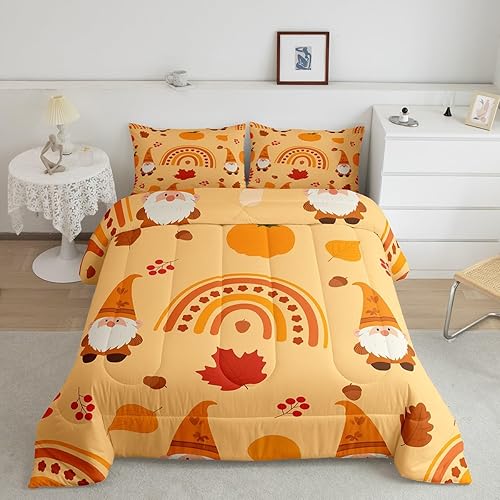 Juego de edredón de calabaza otoñal, tamaño Queen, diseño de arco iris, caricaturas, hojas de arce, juego de edredón para niños y niñas, juego de