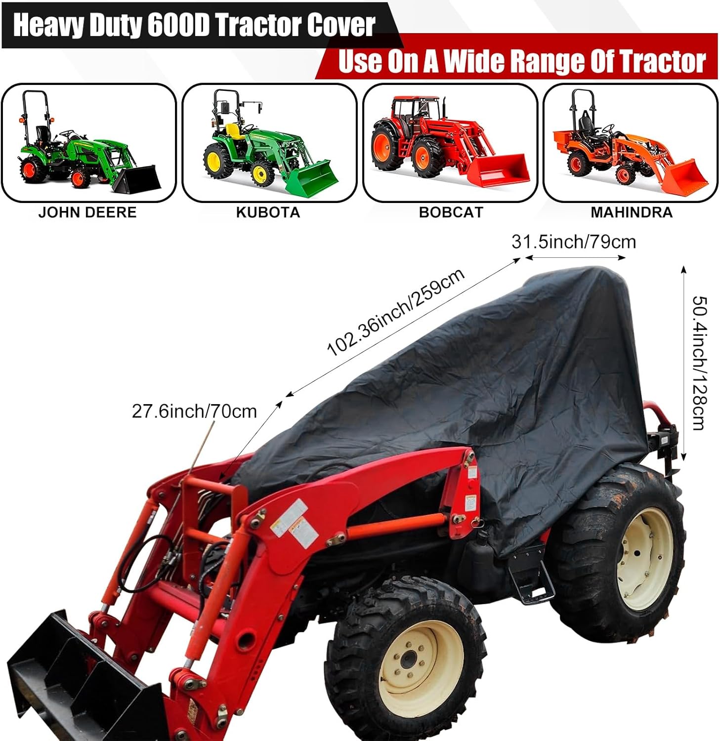 Tractor Cover Fit Kubota Mahindra, 600D Oxford Cloth Waterproof Heavy Duty Durable Covers for Compact Tractor Lawn Mower (M)