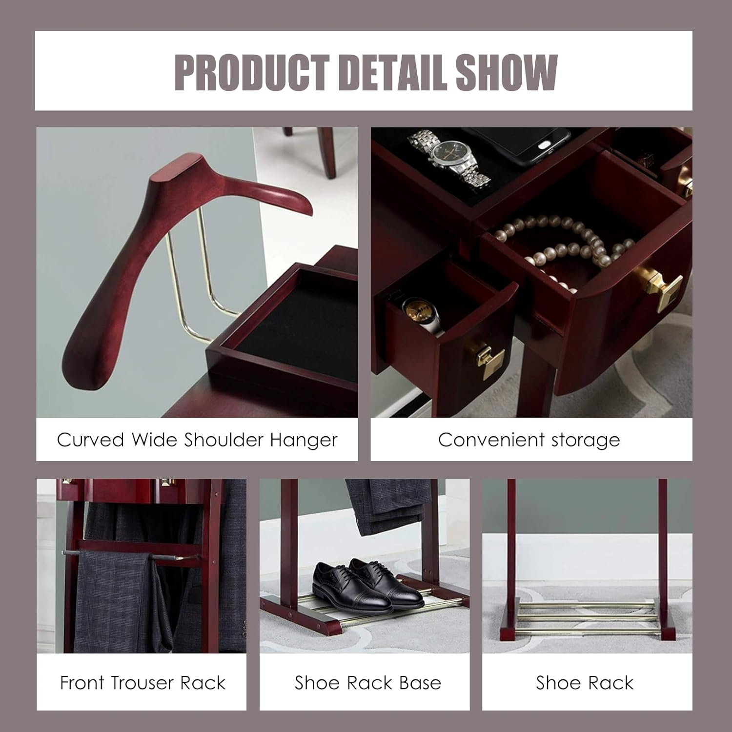 Sophisticated Freestanding Valet Stand, Solid Wood Suit Rack with Drawers, Pants Bracket & Tie Holder, Perfect for Home or Office Decor