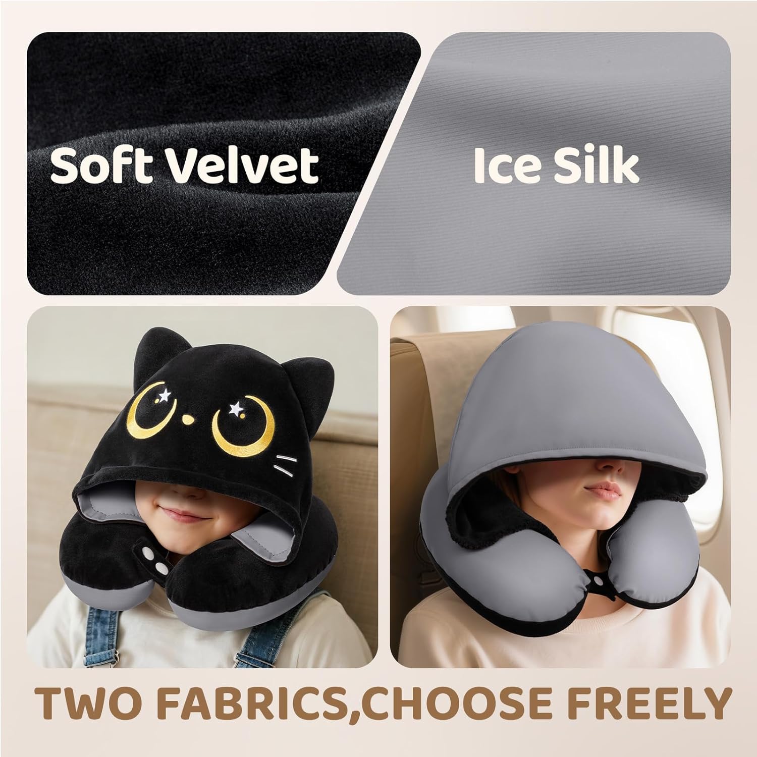 Travel Neck Pillow with Hood for Airplanes,Memory Foam,Breathable Ice Silk & Soft Velvet,Double-Sided,Removable to Clean,Adjustable Strap,Portable Travel Pillow for Long Flights Adults & Teens