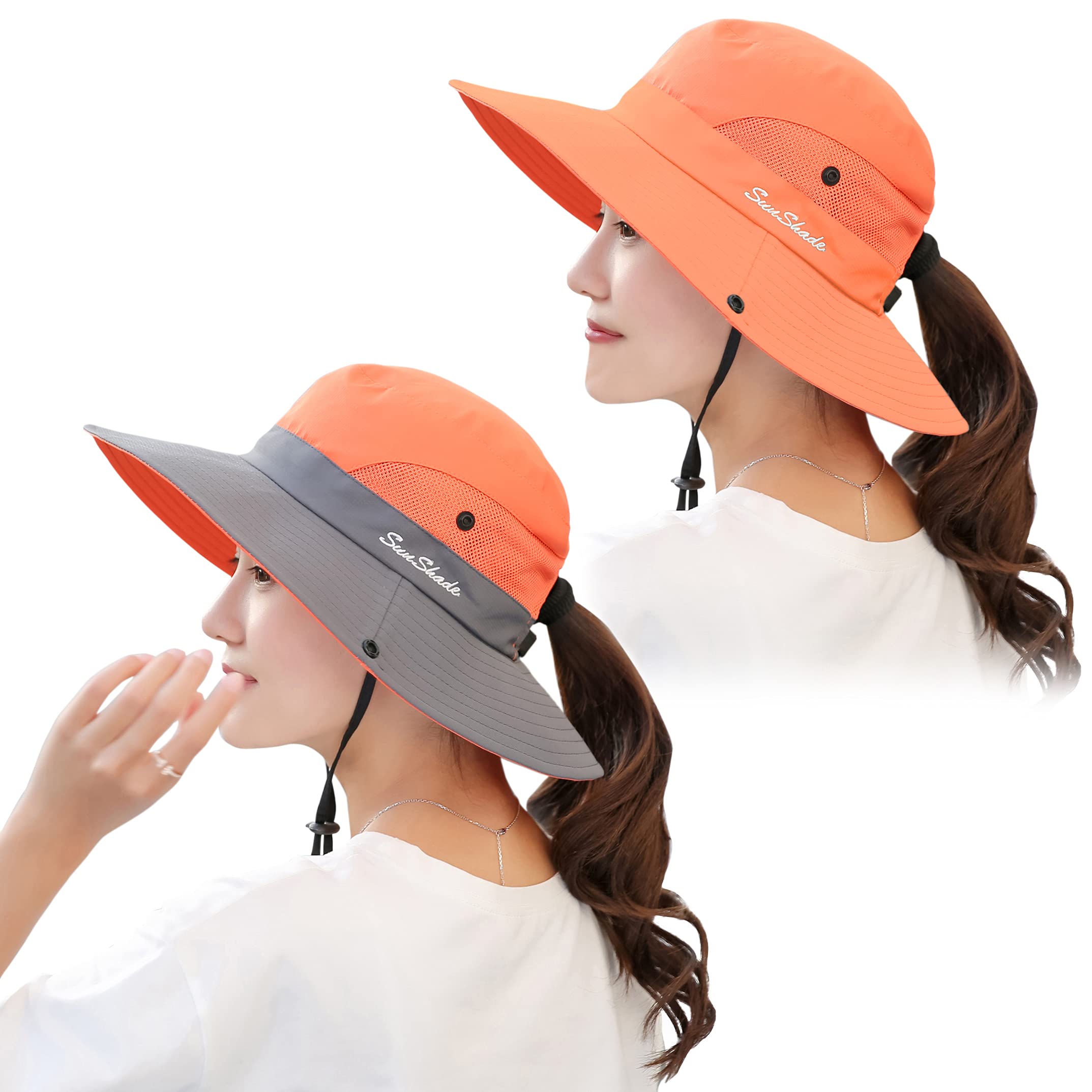 2 Pieces Women's Ponytail Sun Hat UV Protection Foldable Wide Brim Beach Fishing Hats