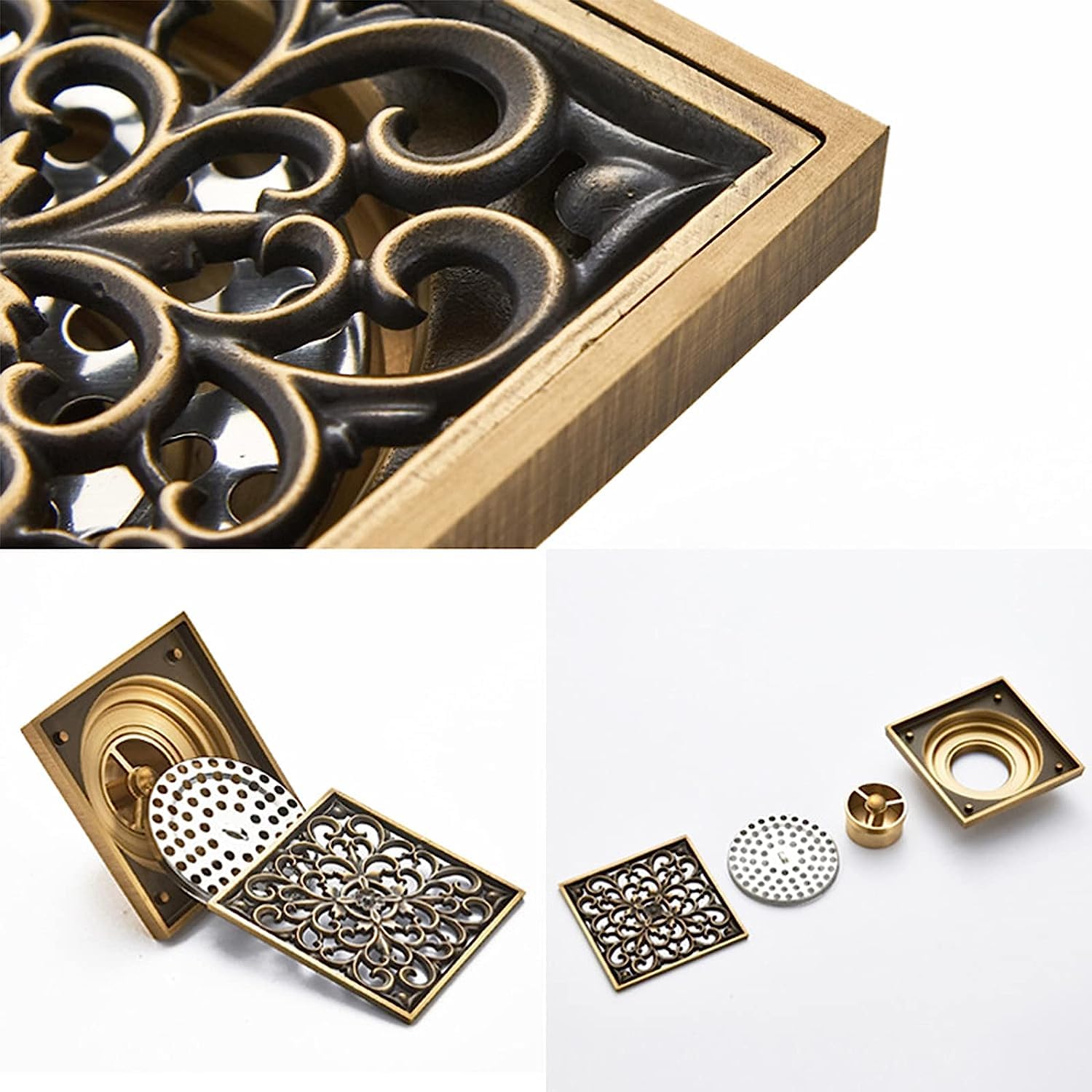 Colador de Fregadero, desagüe de Ducha de latón, desagüe de Piso con Cubierta de Rejilla extraíble con Forma de Flor, desagüe de Piso de Ducha Antiguo con colador de Pelo, A