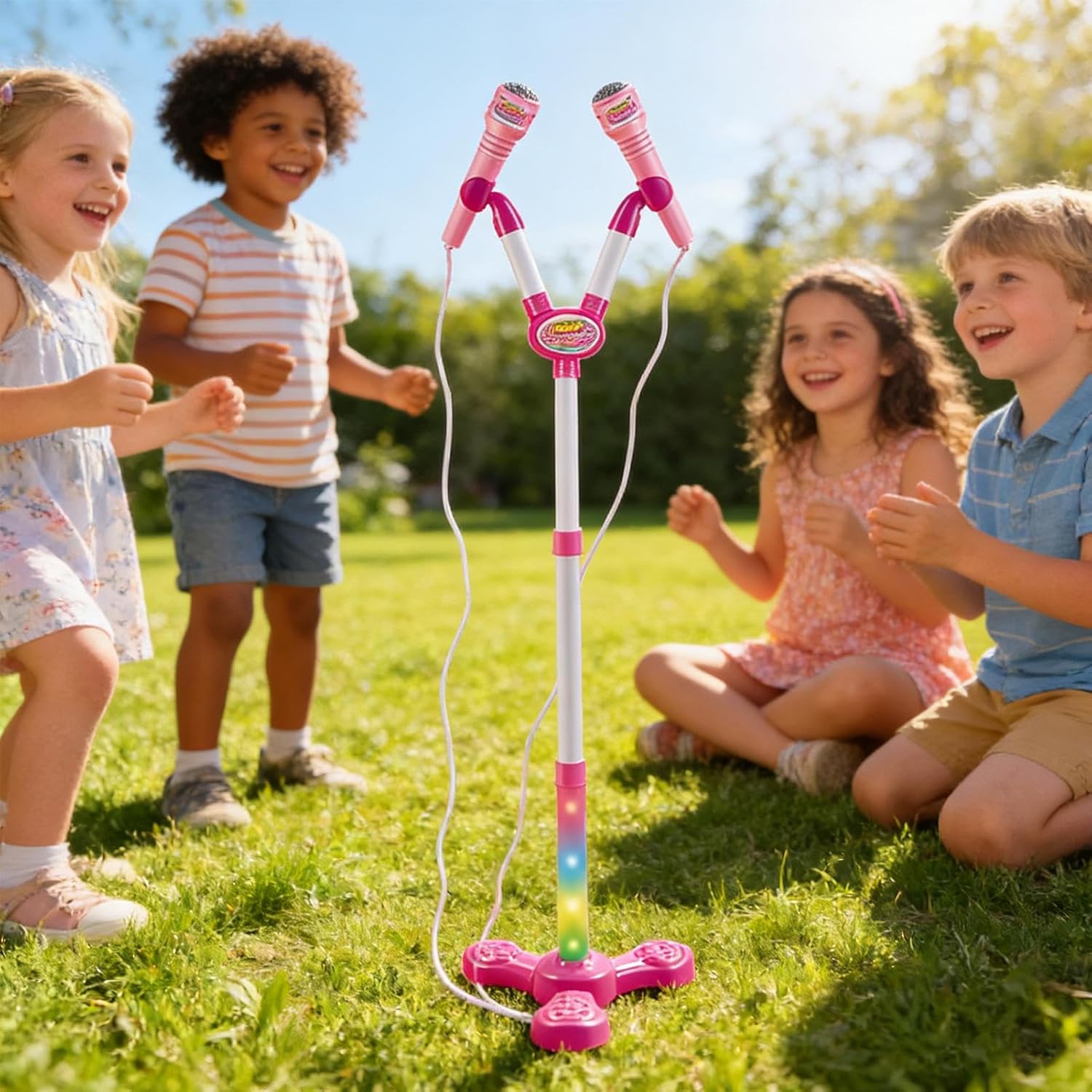 Karaokes Microphone with Stand - Kids Singing Toy Colorful LED Lights, Music Play Accessory | 20x60-104cmEntertainment Tool, Fun Stage Performance Gadget for Boys Girls Preschoolers Birthday Party