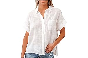 Women's Summer Blouse Short Sleeve Cotton Linen Shirts Button Down Collared Casual Talbots Top
