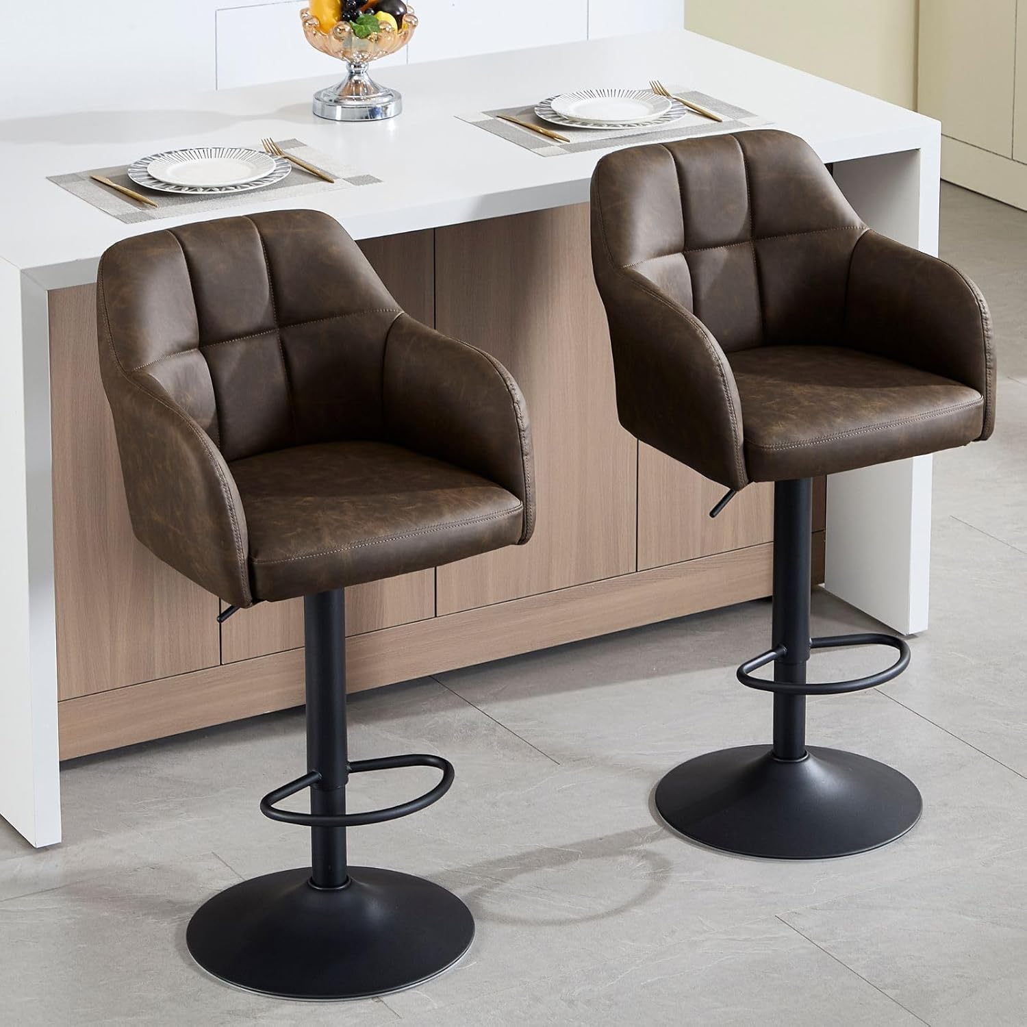 Adjustable Barstools Set of 2, Swivel Counter Height Stool with Arms 24''-33'' Height Leather Bar Stools, Modern Metal Island Chairs with Back for Kitchen, Home Bar, Dining Room, Brown