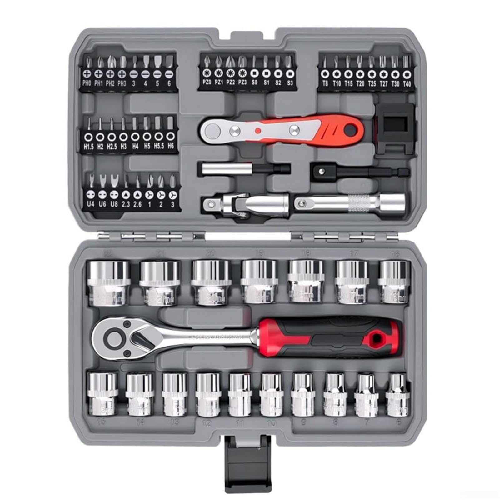 Tool Chest 64pc Home Garage Mechanics DIY Tool Kit Set Including Hex Flat Types in A Portable Toolbox Case for Home Toolbox