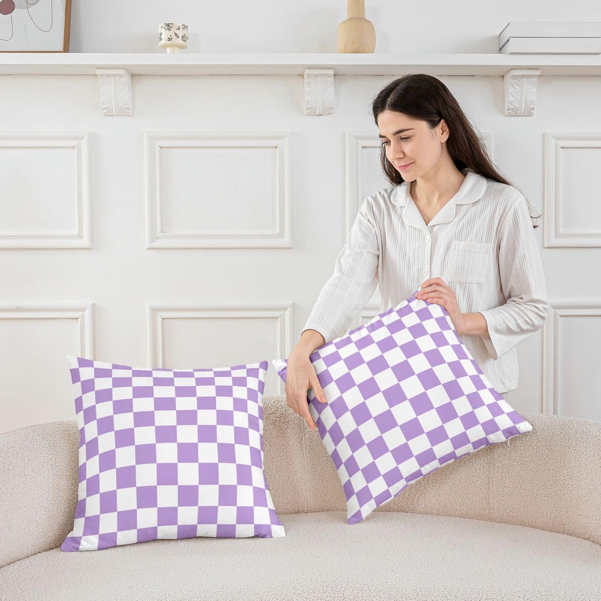 Manfei Purple White Plaid Throw Pillow Cover Gingham Cushion Case Modern Aesthetic Grid Pillow Cover for Living Room,Retro Neutral Checkerboard Geometric Soft Pillowcases,16x16 Inches image 3