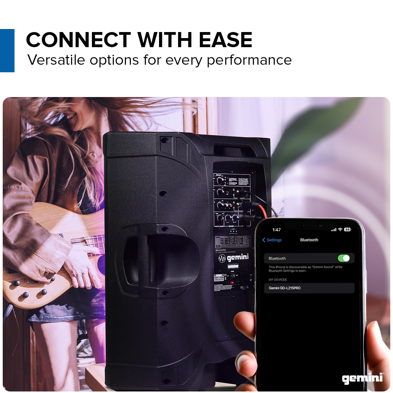 Gemini Sound GD-L215PRO - Głośnik PA Bluetooth 1300 W z lampkami imprezowymi LED i 3-kanałowym mikserem - wysokowydajny głośnik niskotonowy 15-calowy dla DJ-ów i imprez - przyjazna dla użytkownika