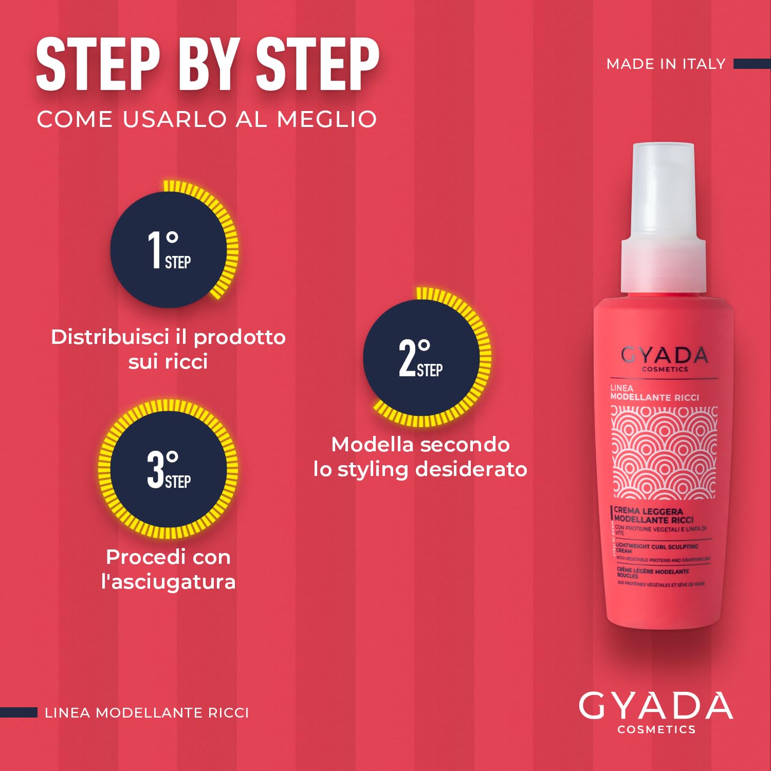 Gyada Cosmetics, Crema Leggera Leave-in Modellante, per Capelli Ricci e Mossi, 97% Ingredienti Naturali, Azione Lucidante e Filmante, Senza Risciacquo, con Proteine Vegetali e Linfa di Vite, 125 ml