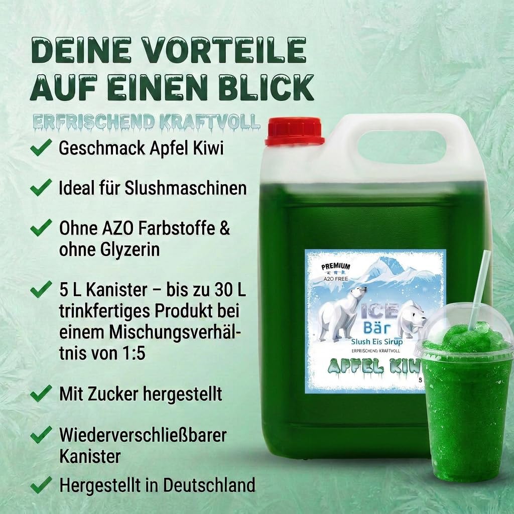 ICE Bär Slush Sirup – 5 L Konzentrat Apfel Kiwi Geschmack/glycerinfrei/für ca. 30 L fertiges Slush-Ice – Original Slushy Getränkesirup ohne AZO-Farbstoffe