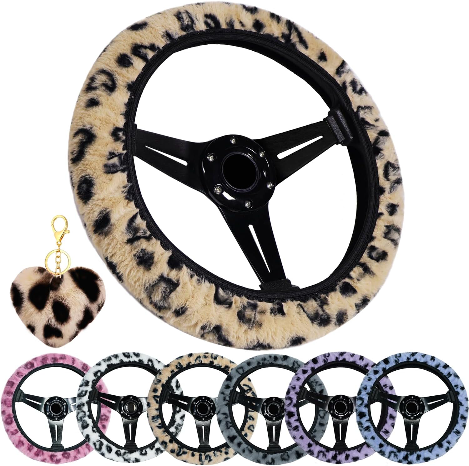 Leopard Steering Wheel Cover with Keychain, Elastic Fuzzy Fur Cheetah Car Steering Wheel Protector Women Girl Car Accessories Universal Fit 15 inch Fit Auto, Suvs, Truck- Pink