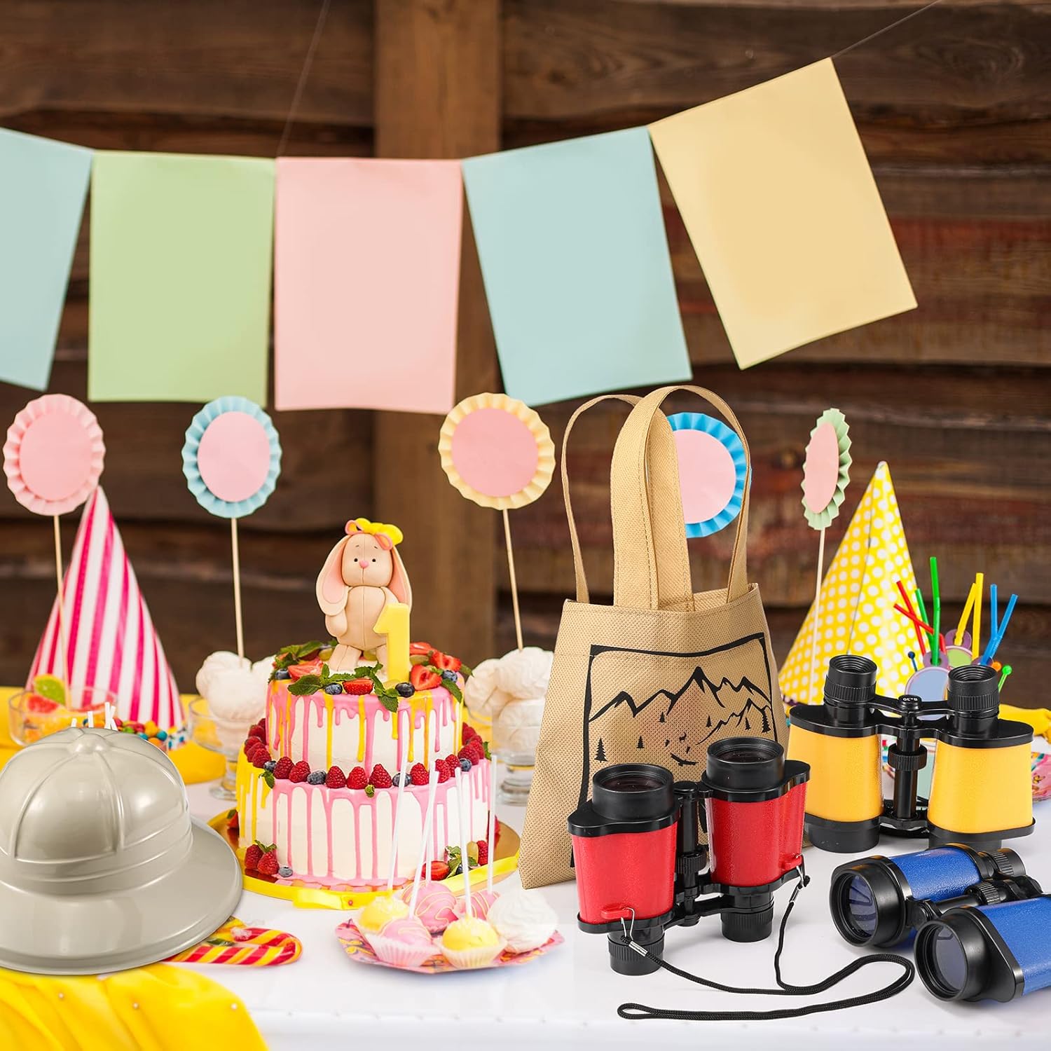 Unittype 64 Pcs Kids Explorer Costume Safari Set Include Plastic Explorer Hats Jungle Party Vest Safari Tote Bag Adventure Binoculars for Kids Activities Outdoor Zoo Party Favors Birthday Supplies