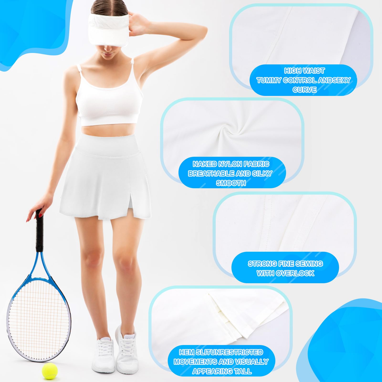 Damen Tennisrock Mit Hose Mädchen Hohe Taille Saumschlitz A-Linie Sportrock for Tennis Golf Freizeitbekleidung
