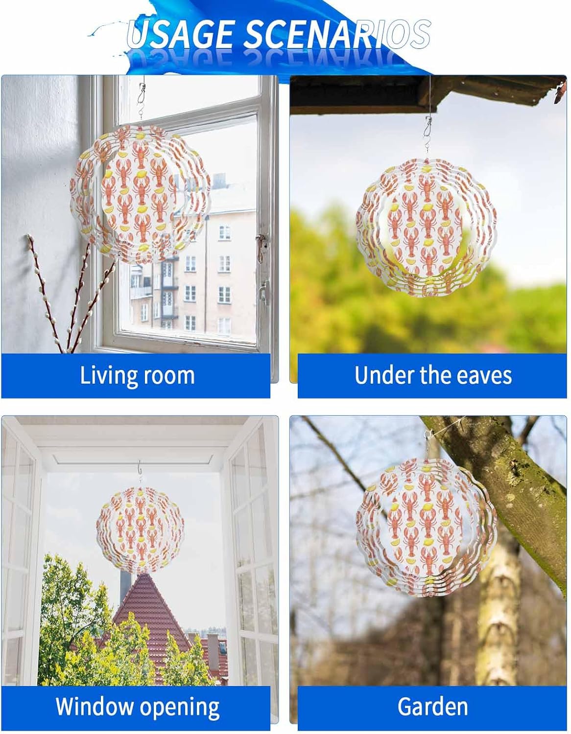 Watercolor Fruits Lemons Wind Spinner for Garden Yard 3D Stainless Steel Hanging Wind Spinners, Retro Animal Crayfish Spinners Outdoor Metal Decor for Lawn Patio Home