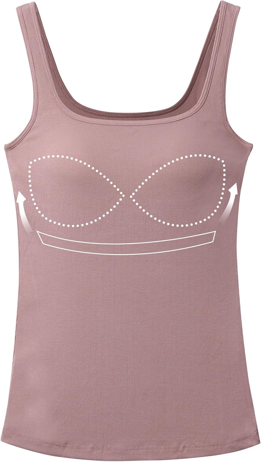Womne Ribbed Tank Top with Sewn in Built in Bra Cup Sleevless Form Fitting Push Up Padded Bra Cami Shirt Basic Knit Tee S-3XL