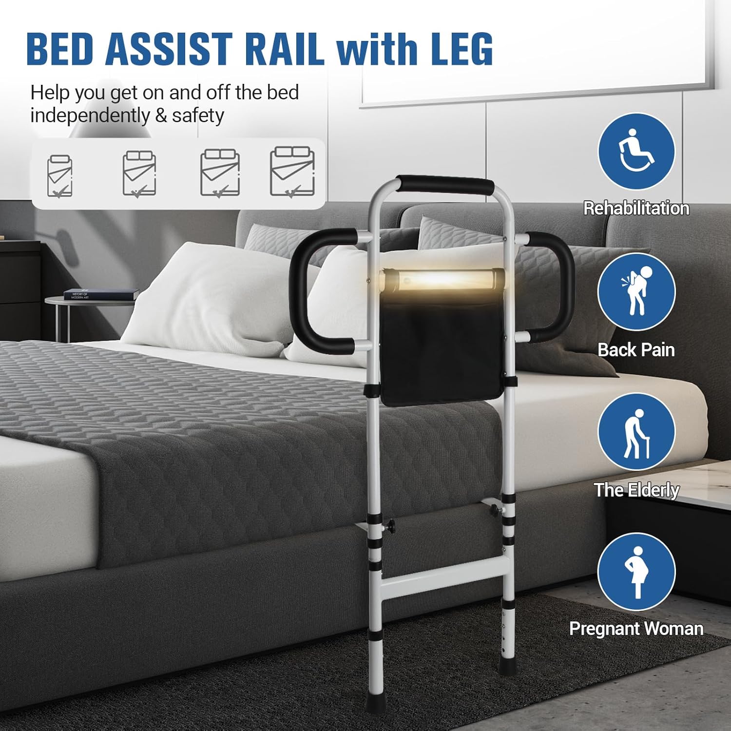 Three Grab Bars Bed Rails for Elderly Adults Safety, Bed Assist Rail with Leg, Adjustable Bedside Handle for Seniors Fall Prevent Bed Cane, Medical Bed Rail Fits Queen, King, Full, Twin