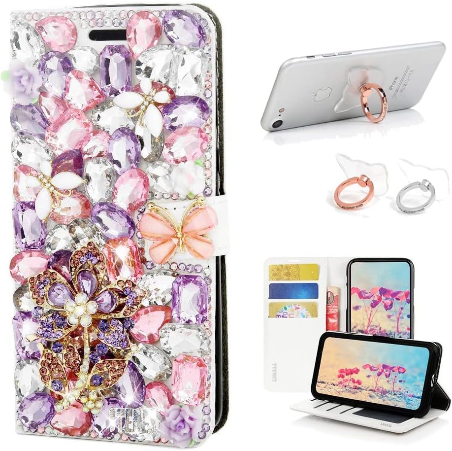 STENES Bling Wallet Phone Case Compatible with Samsung Galaxy Note 10 Plus - Stylish - 3D Handmade Camellia Flowers Crown Bowknot Leather Cover with Ring Stand Holder [2 Pack] - Black&White