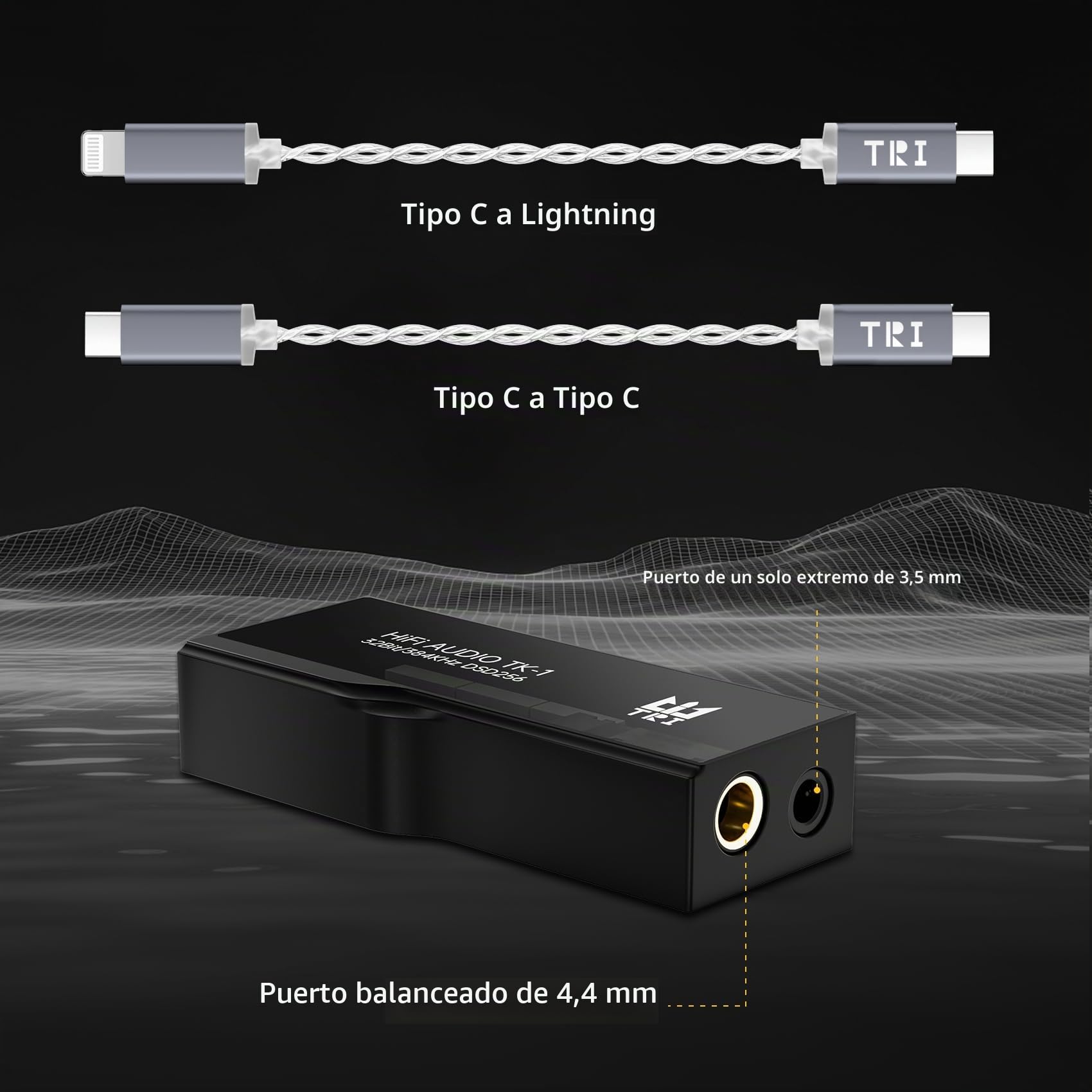 Yinyoo TRI TK1 Amplificador de Auriculares DAC Portátil con Chips Dual CS43131 de 32Bits/384kHz DSD256 Dongle DAC para Audio Hi-Fi con Cable Adaptador USB-C a USB-C para Conector de Auriculares de