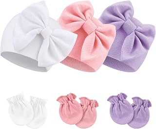 BQUBO Newborn Girls Hats Baby Hat and Mittens Set Infant Caps Bow Hospital Beanie with No Scratch Mittens for Baby Boys Girls