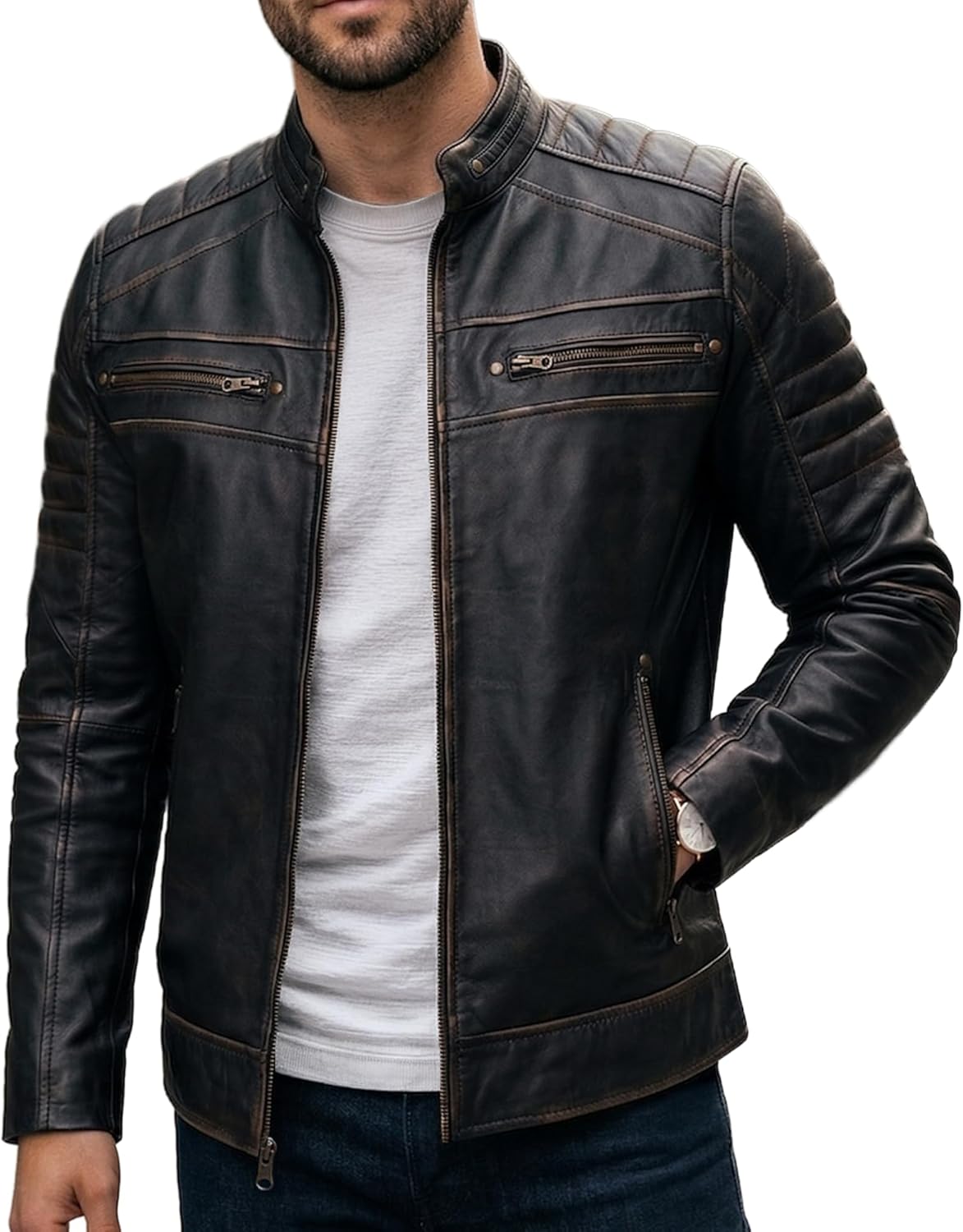 Mens Leather Jacket - Real Lambskin Classic Cafe Racer Style Leather Jackets For Men
