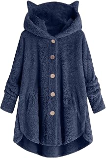 Fulidngzg Fleece Jacket Women's Long, Button Long Fleece Jacket Winter Jacket with Pockets Lined Sweat Jacket Wool Coat Kawaii Kitten Autumn Transition Jacket Plush Jacket Warm with Hood Winter Jumper