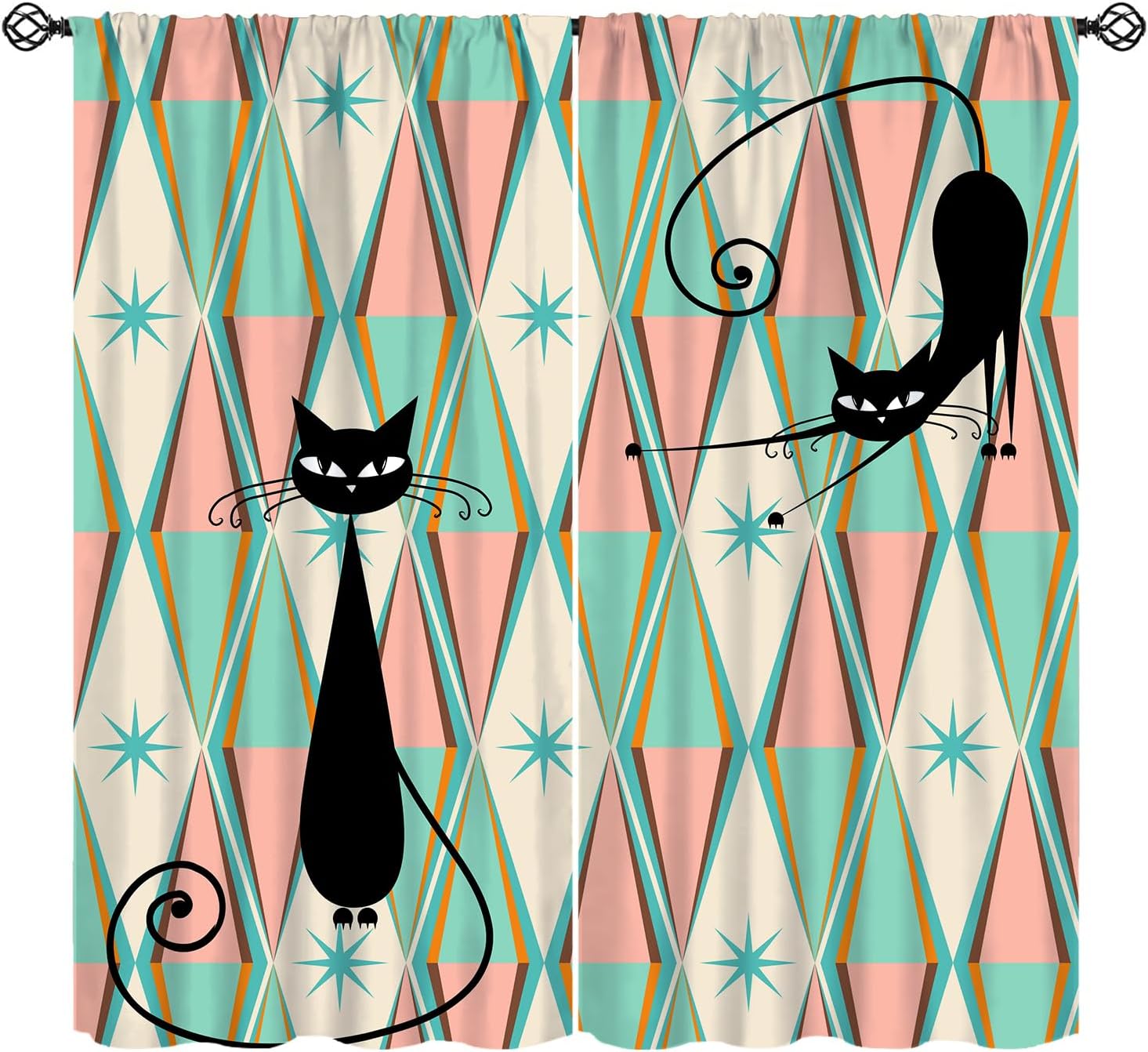 Mid Century Blackout Curtain Abstract Funny Black Cat Modern Diamond Atomic Starbursts Geometric Rod Pocket Window Treatment for Kids Bedroom Kitchen Decor Window Drapes 42" W X 54" L