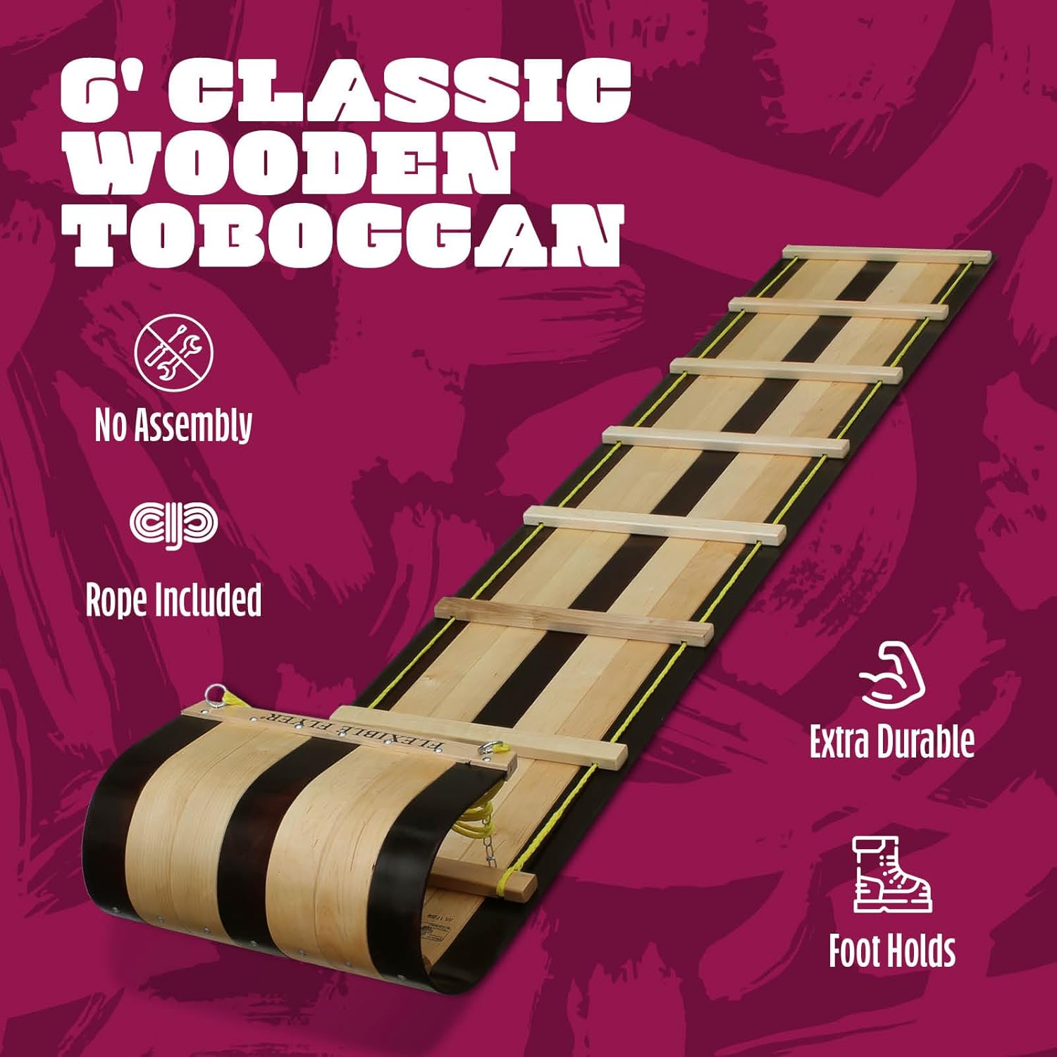 Flexible Flyer 6 Foot Classic Wood Toboggan Sled for 1 to 3 Riders (Walnut) - Long Snow Sled for Adults & Kids Ages 5 and Up with Runner Handles and Pull Rope Included