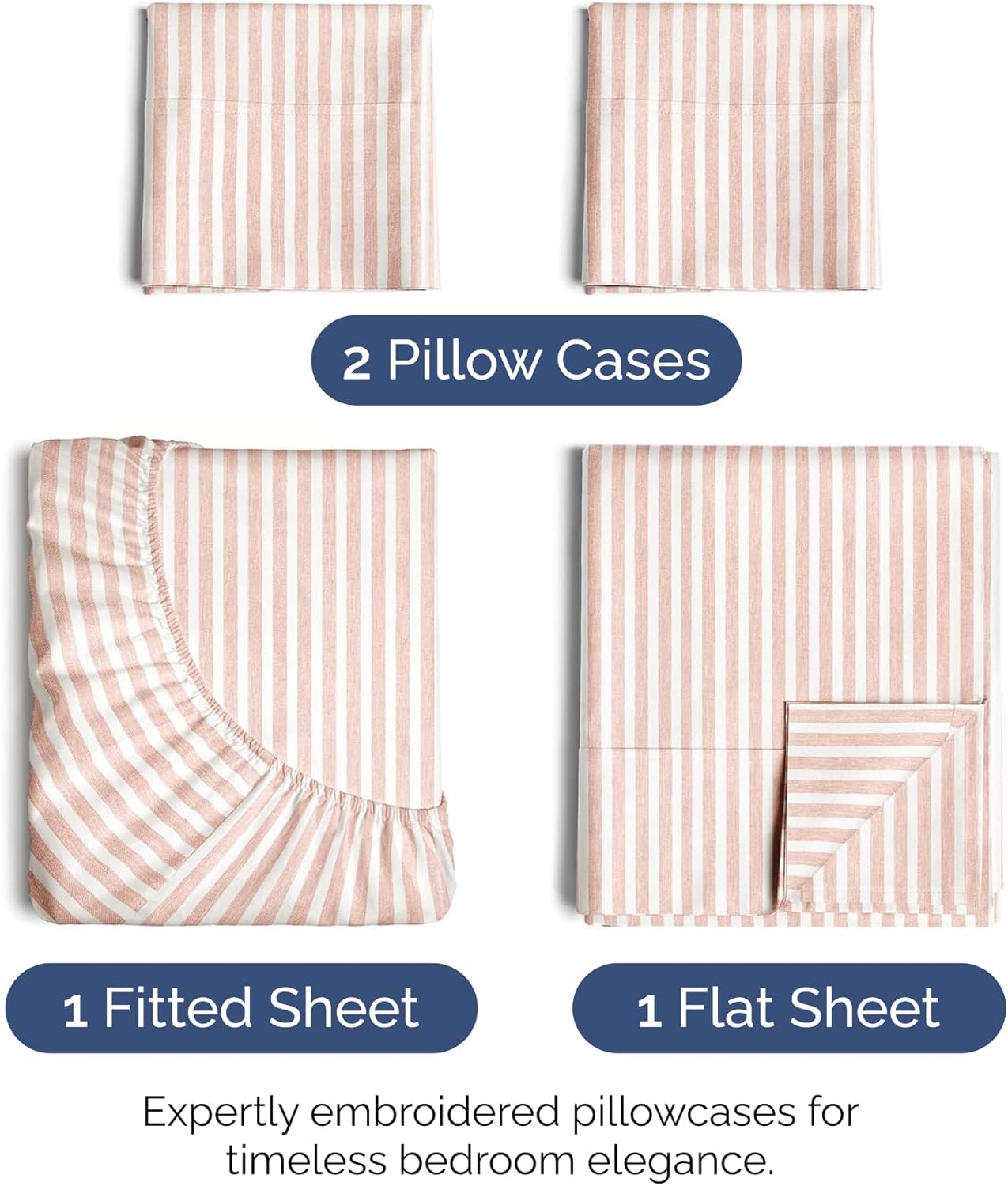 King Size 4 Piece Sheet Set - Comfy Breathable & Cooling Sheets - Hotel Luxury Bed Sheets for Women & Men - Deep Pockets, Easy-Fit, Soft & Wrinkle Free Sheets - Blush Stripes Oeko-Tex Bed Sheet Set