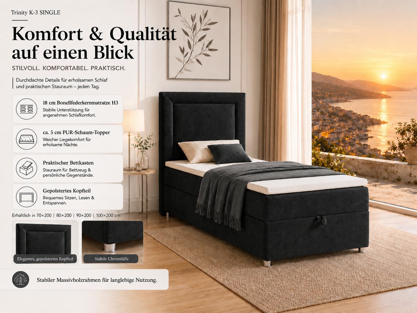 Trinity K3 EinzelBett | Boxspringbett70x200 mit Bonell Federkernmatratze 70x200 | Bett mit Matratze | Bett mit Stauraum | Lieferung an die Bordsteinkante