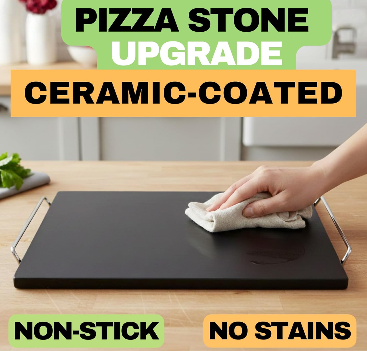 Easy Clean, Non Stick Ceramic Pizza Stone - Pizza Stones for Grill with Handles, Pizza Peel, Pizza Cutter, Dough Tool - Bread Baking Stone - 15 inch Ceramic Pizza Pan - Pizza Oven Accessories Kit