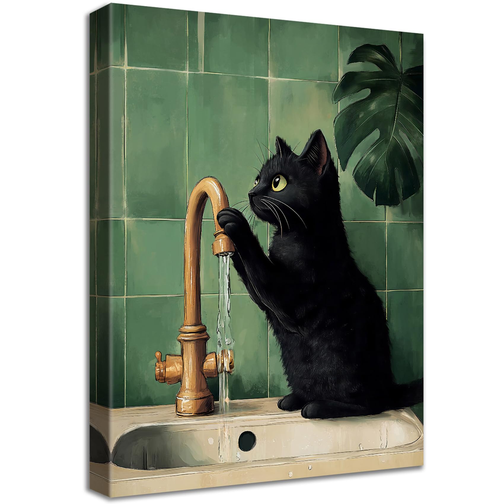 Wooden Framed Canvas Wall Art Funny Black Cat Bathroom Painting on Canvas Prints Poster Green Plants Kitten Cat Reading the Newspaper on Toilet Pictures for Bathroom WC Wall Decoration 30x40cm โ image 1