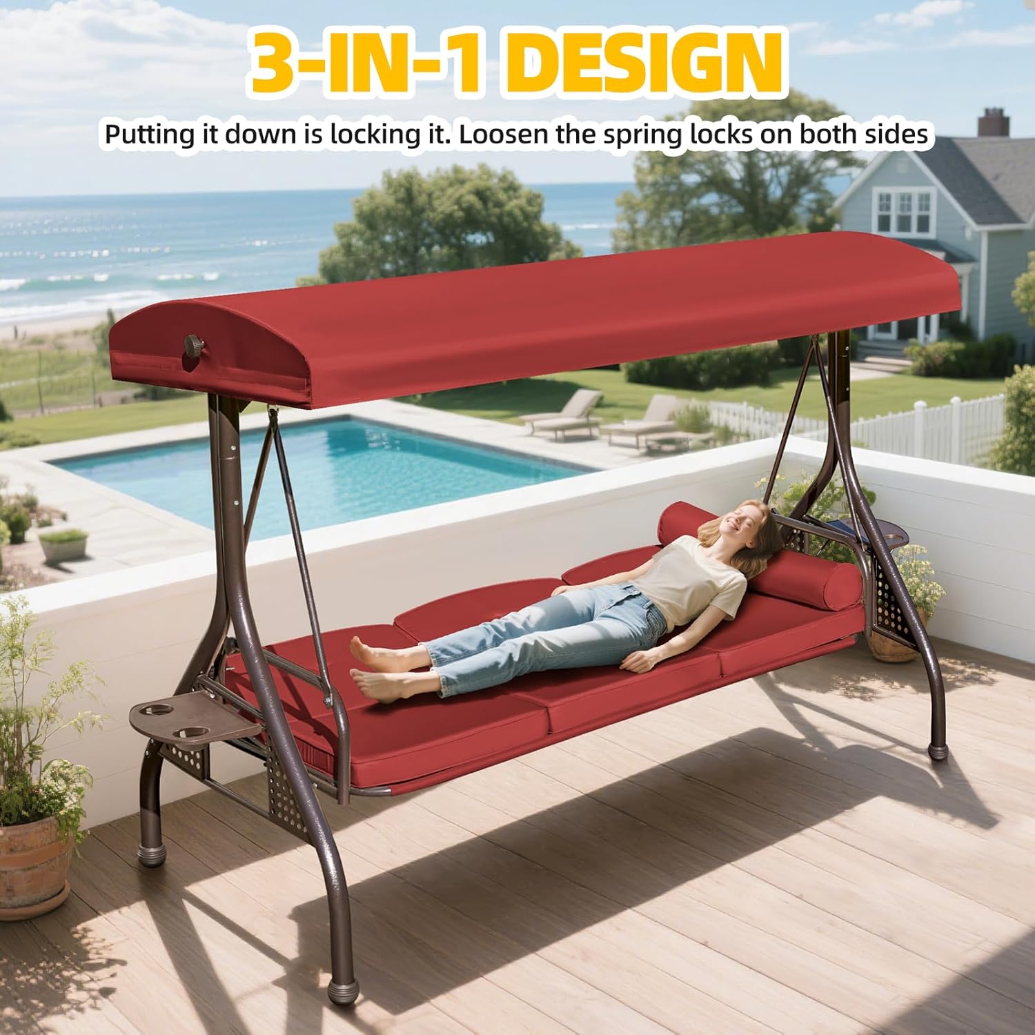 3-seat Patio Swing with Canopy,Convertible Outdoor Swing Bed with Thick Cushions, Pillows & Cup Holders, 3-Seat Outdoor Swings Chair for Backyard, Garden, Deck(Red)