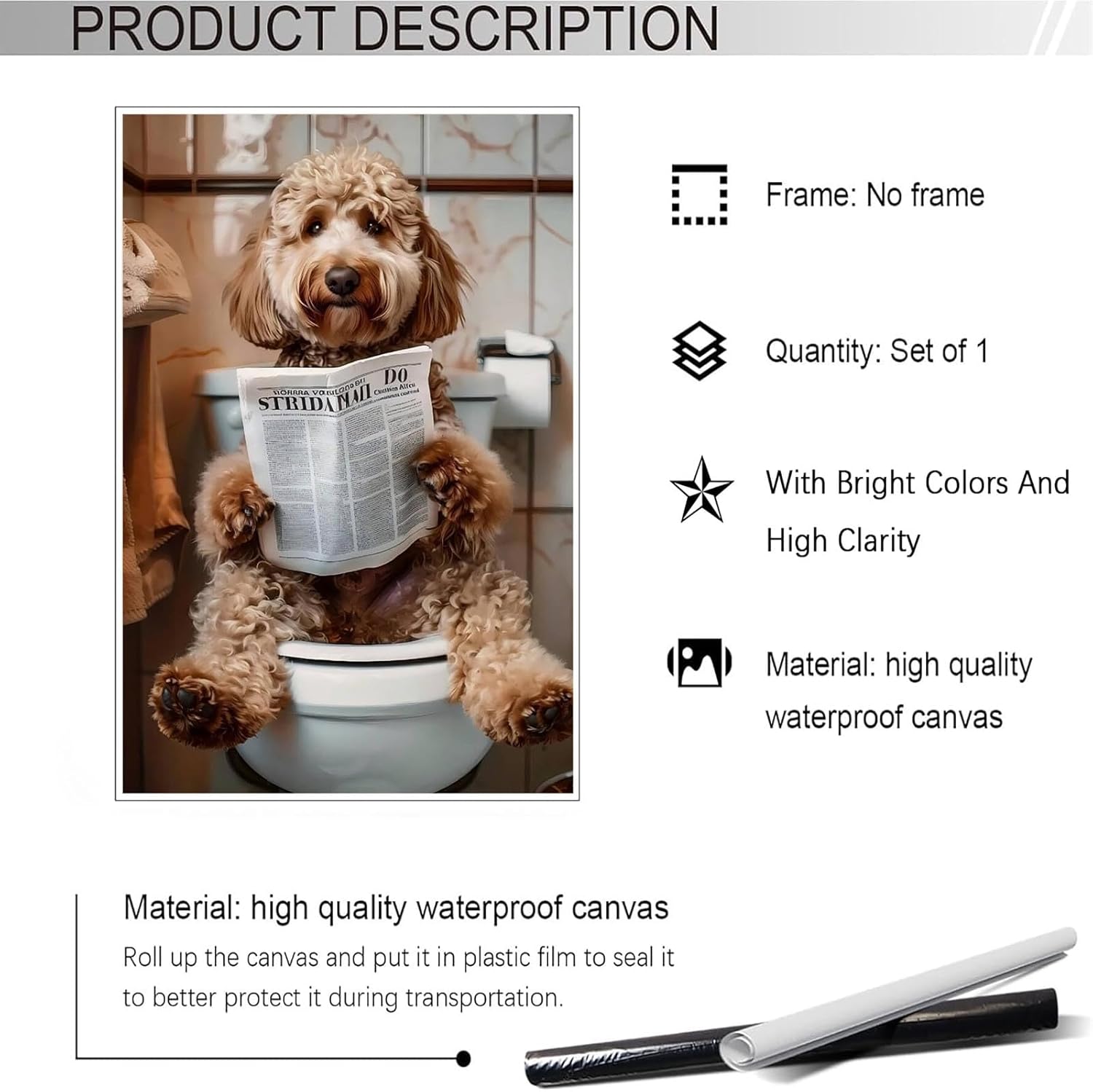 Funny Bathroom Canvas Wall Art Goldendoodle Dog Reading Newspaper On Toilet Poster Whimsical Humor Animal Prints Painting For Home Bedroom Bathroom Wall Decor 12x16in Unframed - Image 2
