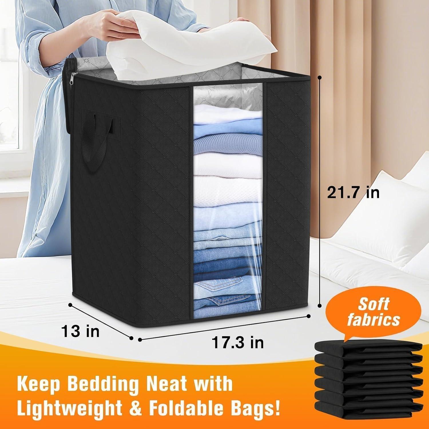 SpaceTrove Clothes Storage Bags, 8-Pack Comforter Blanket Organizers, 80L Large Capacity Containers with Visual Window for Clothing, Quilt, Sheet, Pillow, Closet Organization for Bedding (Black) image 2
